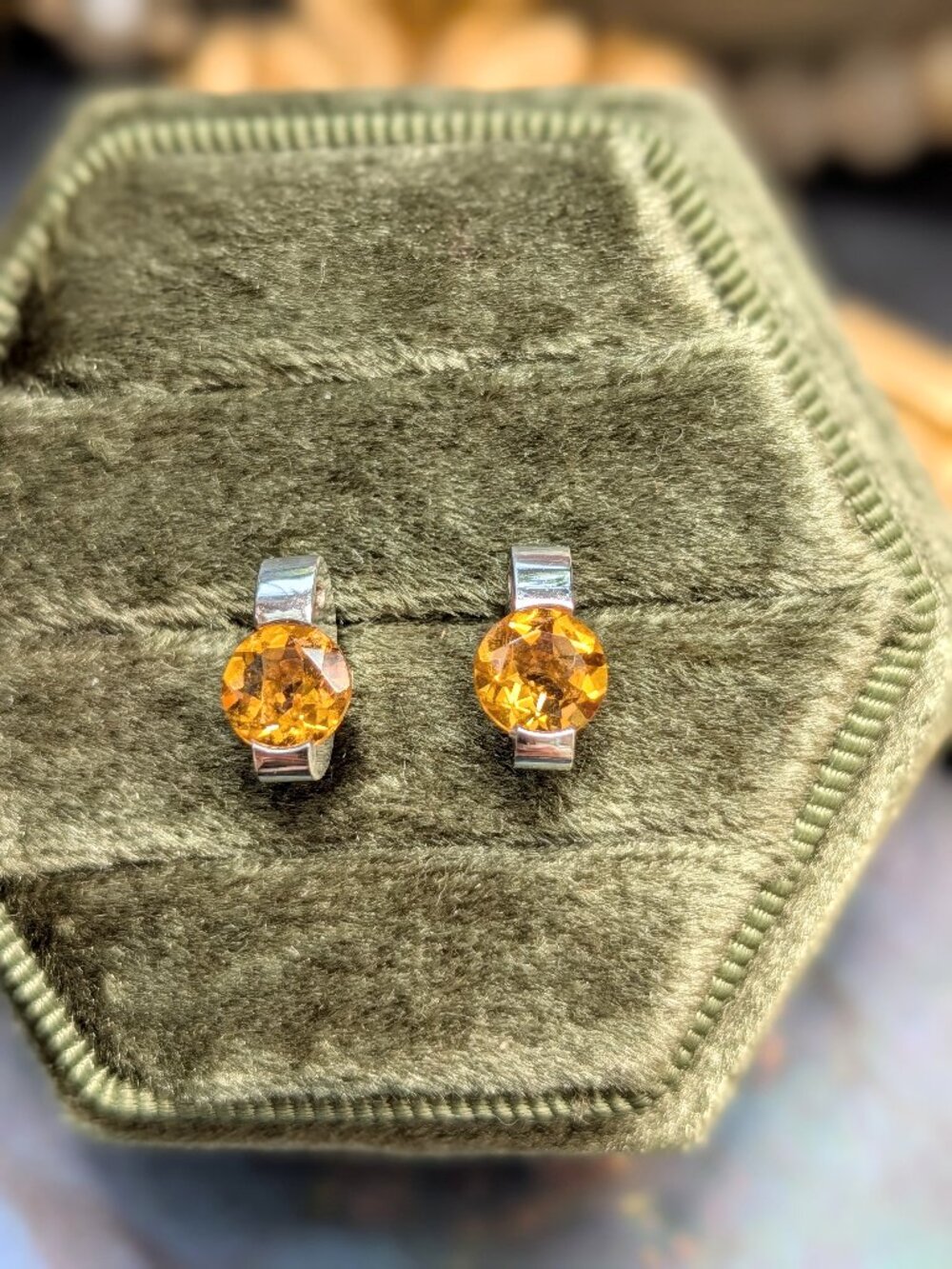 Vintage Estate 14k White Gold Crescent Earrings with Brilliant Cut Citrine